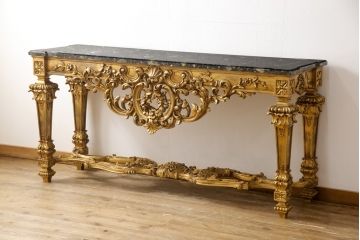 中古　極美品　イタリア超高級輸入家具　ロココ様式　ゴールドの彫刻(木彫り)と大理石天板がゴージャスなコンソールテーブル(定価約200万円以上)(サイドボード)(R-052295)
