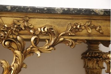 中古　極美品　イタリア超高級輸入家具　ロココ様式　ゴールドの彫刻(木彫り)と大理石天板がゴージャスなコンソールテーブル(定価約200万円以上)(サイドボード)(R-052295)