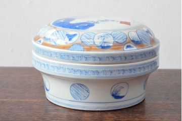 江戸後期〜幕末　色絵染付　蓋物(深鉢、深皿、和食器)(R-052313)
