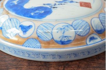 江戸後期〜幕末　色絵染付　蓋物(深鉢、深皿、和食器)(R-052313)