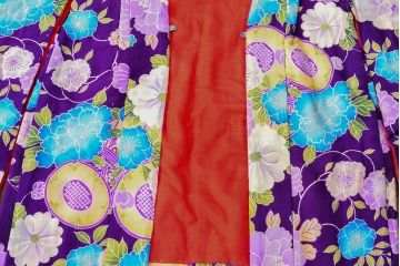 大正〜昭和初期　鼓に花柄　錦紗縮緬着物(正絹、古布)(R-052317)