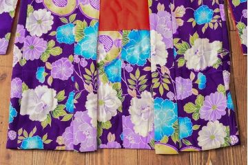 大正〜昭和初期　鼓に花柄　錦紗縮緬着物(正絹、古布)(R-052317)