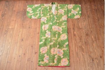 大正〜昭和初期　花柄　錦紗縮緬着物(正絹、古布)(R-052318)