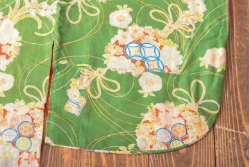 大正〜昭和初期　花柄　錦紗縮緬着物(正絹、古布)(R-052318)