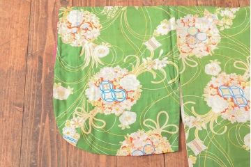 大正〜昭和初期　花柄　錦紗縮緬着物(正絹、古布)(R-052318)