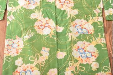 大正〜昭和初期　花柄　錦紗縮緬着物(正絹、古布)(R-052318)