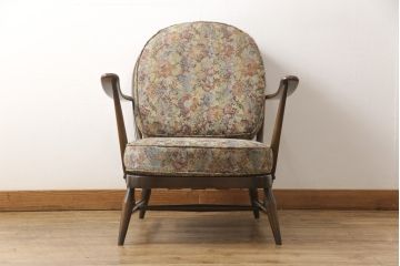 中古美品　ERCOL(アーコール)　上品な花柄が素敵な1人掛けソファ(ラウンジチェア、アームチェア、椅子、1シーターソファ)(R-052324)