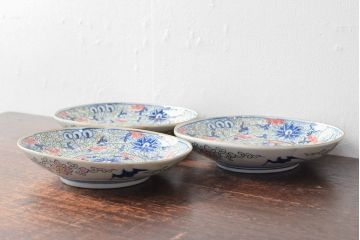 大清光緒年製　色絵染付　楕円変形皿3枚(伊万里、中国?)(R-052346)