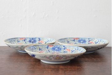大清光緒年製　色絵染付　楕円変形皿3枚(伊万里、中国?)(R-052346)