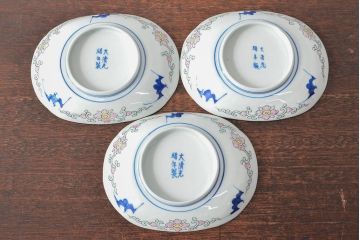 大清光緒年製　色絵染付　楕円変形皿3枚(伊万里、中国?)(R-052346)