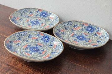 大清光緒年製　色絵染付　楕円変形皿3枚(伊万里、中国?)(R-052348)