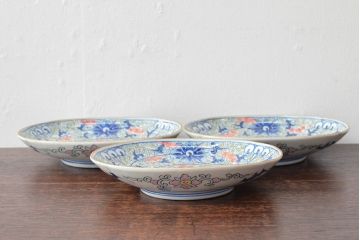 大清光緒年製　色絵染付　楕円変形皿3枚(伊万里、中国?)(R-052348)