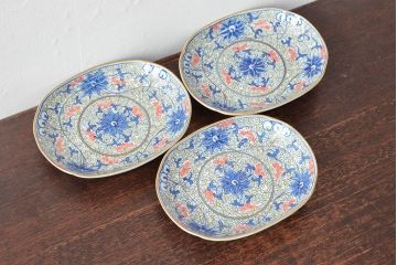 大清光緒年製　色絵染付　楕円変形皿3枚(伊万里、中国?)(R-052349)