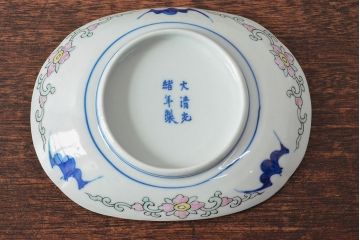 大清光緒年製　色絵染付　楕円変形皿3枚(伊万里、中国?)(R-052349)