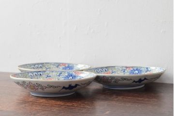 大清光緒年製　色絵染付　楕円変形皿3枚(伊万里、中国?)(R-052349)