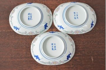 大清光緒年製　色絵染付　楕円変形皿3枚(伊万里、中国?)(R-052349)