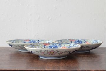 大清光緒年製　色絵染付　楕円変形皿3枚(伊万里、中国?)(R-052350)