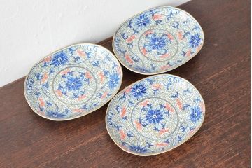 大清光緒年製　色絵染付　楕円変形皿3枚(伊万里、中国?)(R-052351)