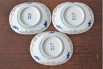 大清光緒年製　色絵染付　楕円変形皿3枚(伊万里、中国?)(R-052351)