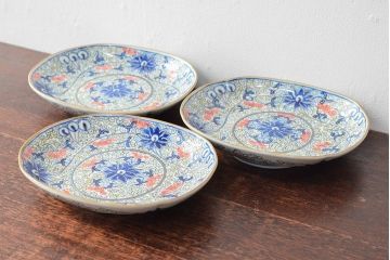 大清光緒年製　色絵染付　楕円変形皿3枚(伊万里、中国?)(R-052351)