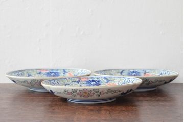 大清光緒年製　色絵染付　楕円変形皿3枚(伊万里、中国?)(R-052351)