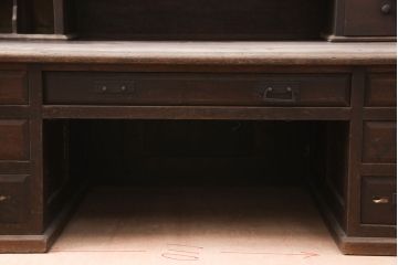 和製アンティーク　細々したものもすっきりまとめられる、収納付き帳場机(簿記机、在宅用ライティングビューロー、両袖机、在宅ワーク、在宅用文机、在宅用デスク)(R-052353)