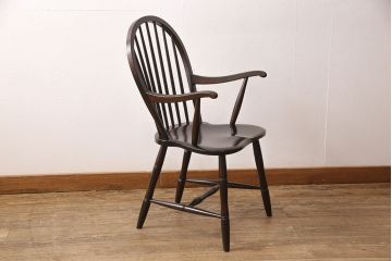 中古　美品　松本民芸家具　美しいシルエットが目を引く、#85リーチ型アームチェア(ダイニングチェア、板座チェア、椅子)(R-052355)