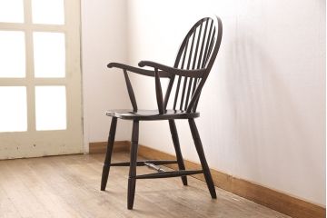 中古　美品　松本民芸家具　美しいシルエットが目を引く、#85リーチ型アームチェア(ダイニングチェア、板座チェア、椅子)(R-052355)