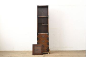 中古　国産民芸家具　1台2役で使い勝手のいい時計付き縦型タンス(箪笥、チェスト)(R-052374)