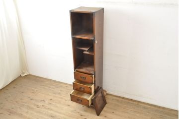 中古　国産民芸家具　1台2役で使い勝手のいい時計付き縦型タンス(箪笥、チェスト)(R-052374)