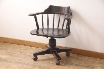 和製ビンテージ　希少　絶版品　北海道民芸家具　細部までこだわりが感じられる回転デスクチェア(椅子、板座チェア、回転チェア、ヴィンテージ)(R-052382)