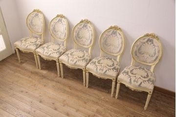 ビンテージ　イタリア高級輸入家具　ロココ調　凝った彫刻が美しいチェア5脚セット(ダイニングチェア、椅子、ヴィンテージ)(R-052394)