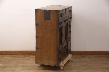 和製アンティーク　新潟県産　前面ケヤキ材　独特な杢目が目を引く見附帳場箪笥(時代箪笥、タンス、引き出し)(R-052400)