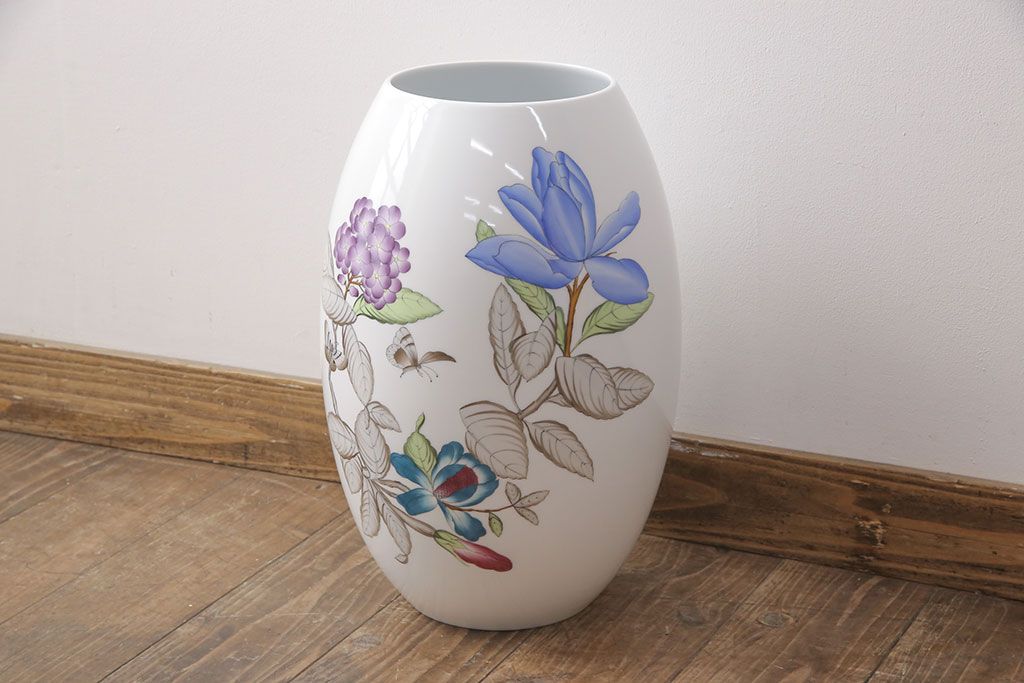 ヘレンド　ハンドペイント　花蝶文花瓶　38cm(HEREND、ハンガリー)(R-052414)