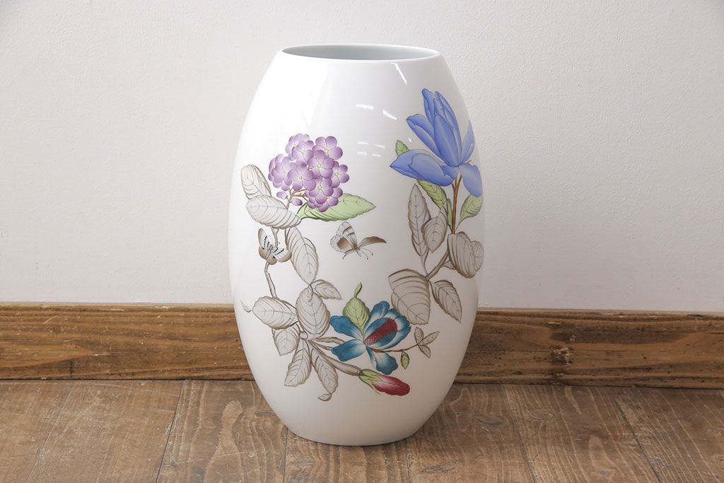 ヘレンド　ハンドペイント　花蝶文花瓶　38cm(HEREND、ハンガリー)(R-052414)