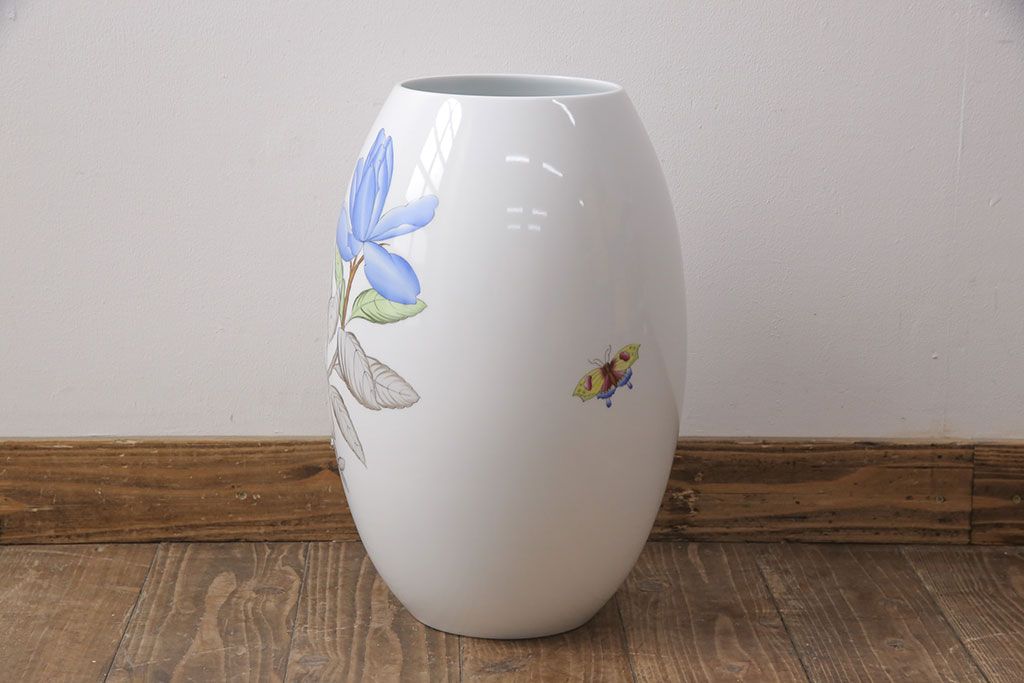 ヘレンド　ハンドペイント　花蝶文花瓶　38cm(HEREND、ハンガリー)(R-052414)