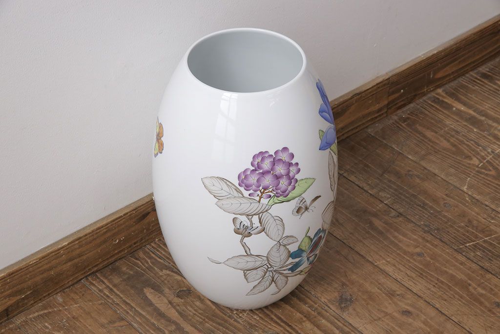 ヘレンド　ハンドペイント　花蝶文花瓶　38cm(HEREND、ハンガリー)(R-052414)