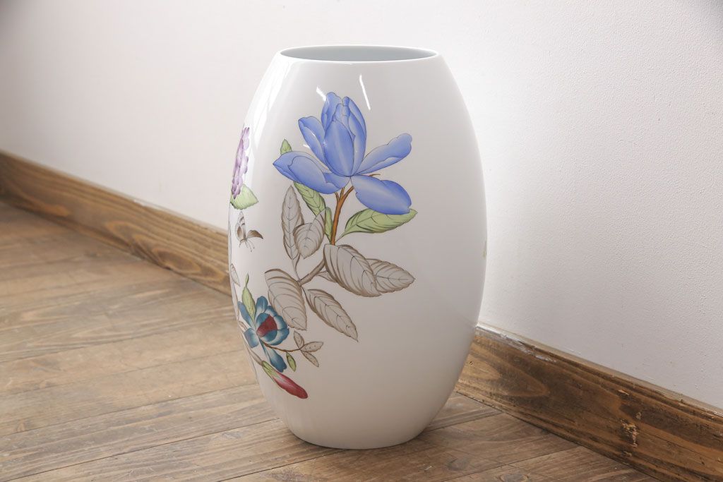 ヘレンド　ハンドペイント　花蝶文花瓶　38cm(HEREND、ハンガリー)(R-052414)