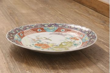 江戸期　古伊万里　花鳥にトンボとクモ　色絵一尺四寸大皿(和食器)(R-052419)