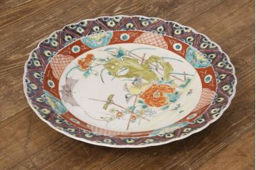 江戸期　古伊万里　花鳥にトンボとクモ　色絵一尺四寸大皿(和食器)(R-052419)
