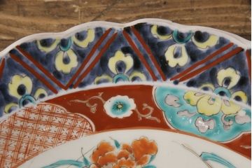 江戸期　古伊万里　花鳥にトンボとクモ　色絵一尺四寸大皿(和食器)(R-052419)