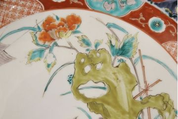 江戸期　古伊万里　花鳥にトンボとクモ　色絵一尺四寸大皿(和食器)(R-052419)