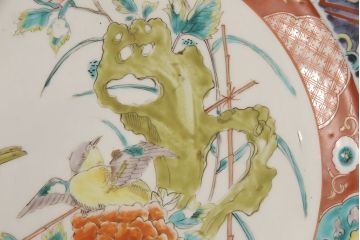 江戸期　古伊万里　花鳥にトンボとクモ　色絵一尺四寸大皿(和食器)(R-052419)