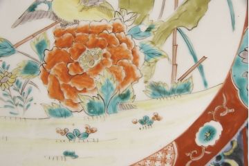 江戸期　古伊万里　花鳥にトンボとクモ　色絵一尺四寸大皿(和食器)(R-052419)