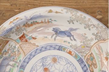江戸幕末　古伊万里　馬図　色絵染付　一尺二寸大皿(和食器)(R-052421)