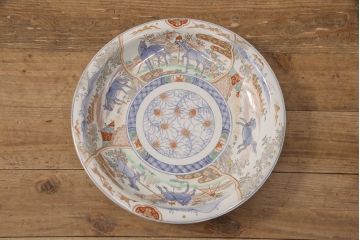 江戸幕末　古伊万里　馬図　色絵染付　一尺二寸大皿(和食器)(R-052421)