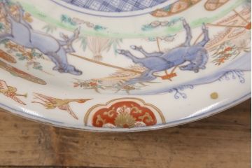 江戸幕末　古伊万里　馬図　色絵染付　一尺二寸大皿(和食器)(R-052421)