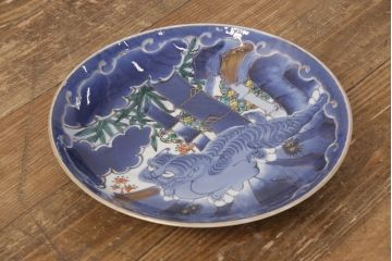江戸期　古伊万里　竹虎図　染付　大皿29cm(和食器)(R-052422)