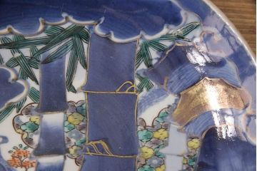 江戸期　古伊万里　竹虎図　染付　大皿29cm(和食器)(R-052422)