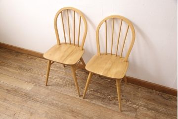 イギリスビンテージ　ERCOL(アーコール)　ナチュラルな雰囲気がかわいらしいフープバックチェア2脚セット(板座チェア、ダイニングチェア、ヴィンテージ)(R-052441)